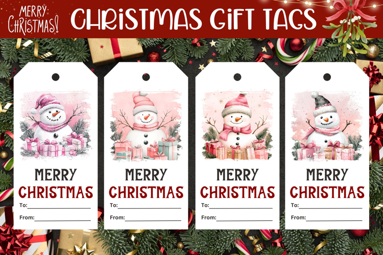 Watercolor Christmas Pink Snowman Gift Tags Printable