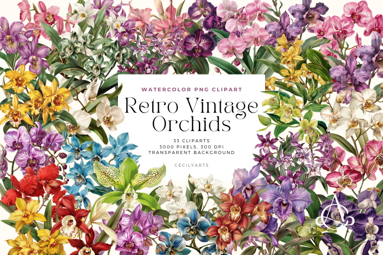 Retro Vintage Orchids Clipart Bundle