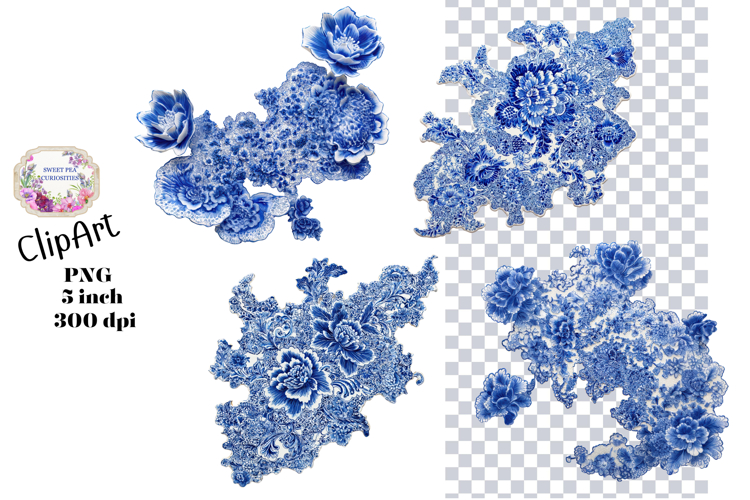 Blue Toile, Ephemera, PNG, Clipart, Junk Journal, flowers