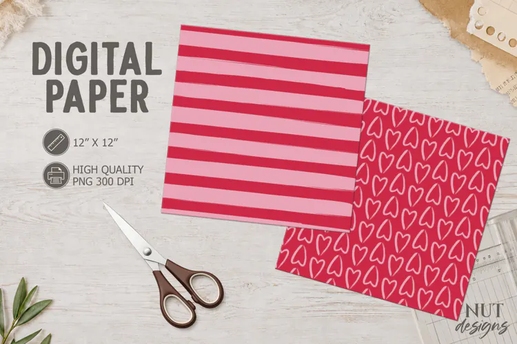 Romantic Digital Paper Valentine Hearts and Stripes Papers
