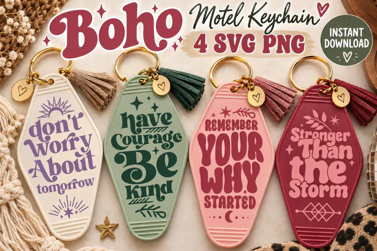 Boho Motel Keychain SVG PNG, Positive Retro Sayings
