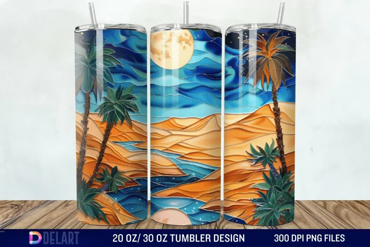 3D Tranquil Desert Oasis Stained Glass Tumbler Wrap