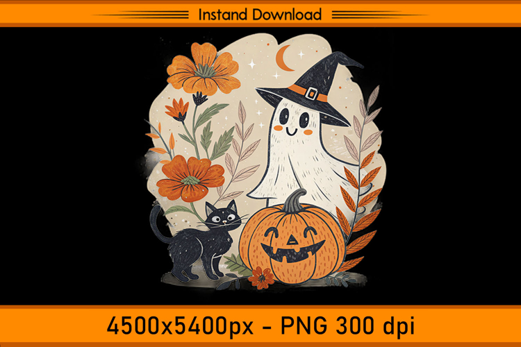 Cute Ghost Witch with Pumpkin and Cat PNG