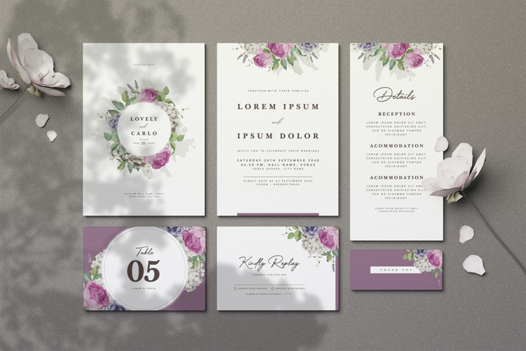 wedding card invitation with roses and hydrangea flower