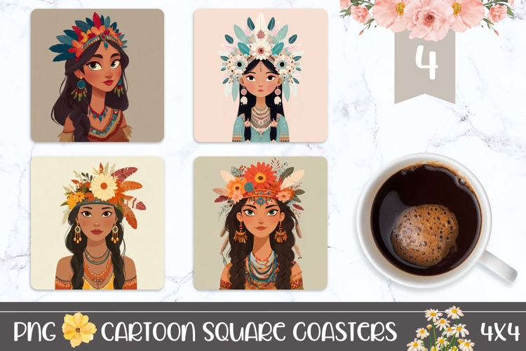 Cartoon Girl Square Coasters, Ethnic Square Coaster Designs