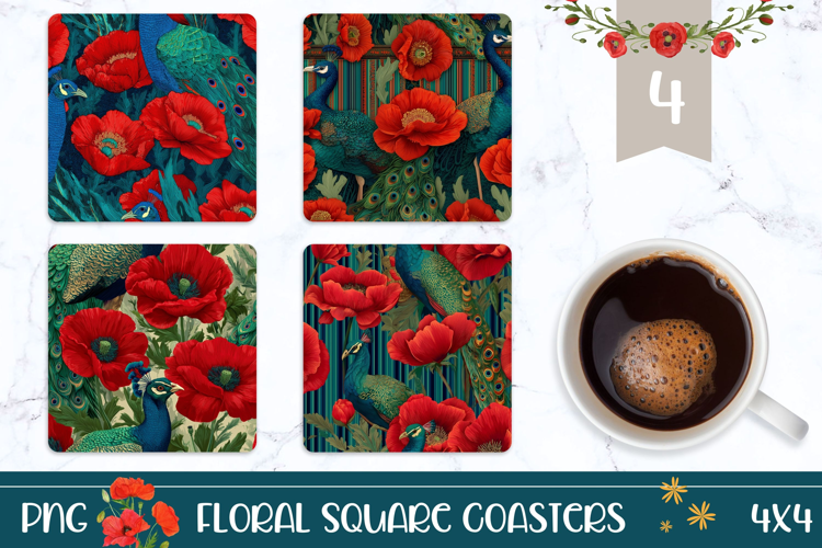 Poppy Square Coasters, Peacock Square Coaster Designs