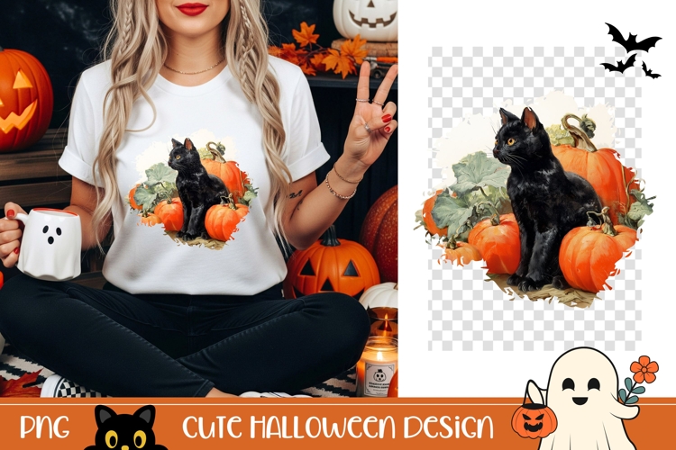 Halloween Black Cat PNG, Vintage Halloween Cat T-Shirt PNG