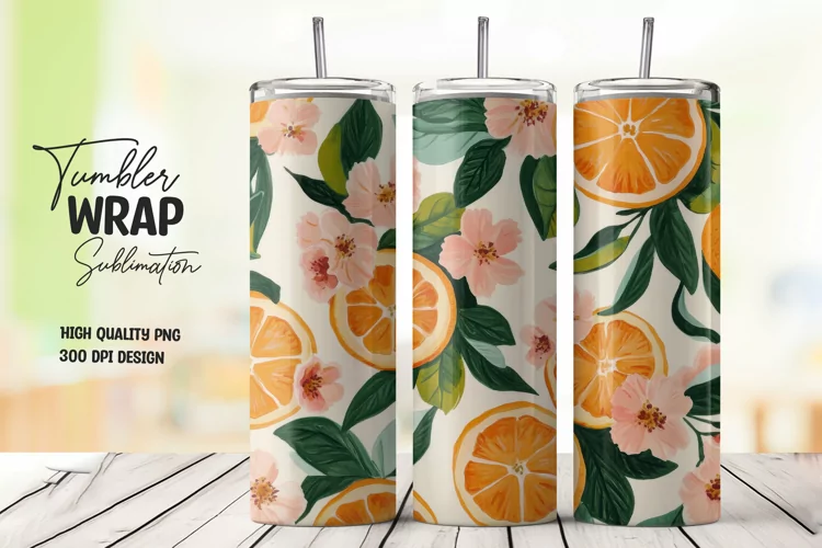 Orange with Leaves and Flowers Tumbler Wrap Sublimation