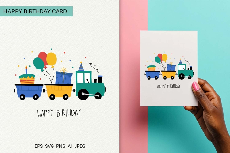 Kids Train Happy Birthday Card | EPS SVG PNG JPG AI