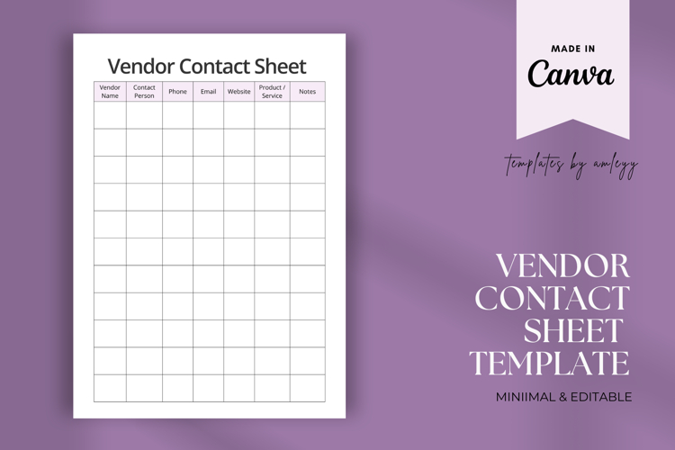 Vendor Contact Sheet Business Organizer Template Minimalist