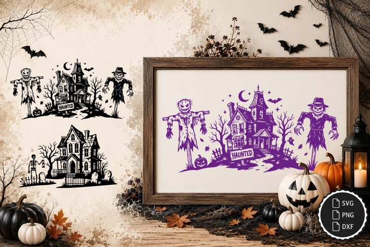 Haunted House with Scarecrow SVG, Spooky House with skeleton