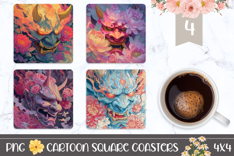 Samurai Mask Square Coasters, Floral Square Coaster PNG