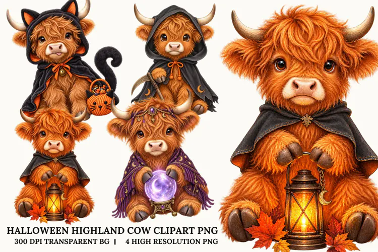 Halloween Highland Cow PNG Magical Spooky Autumn Sublimation