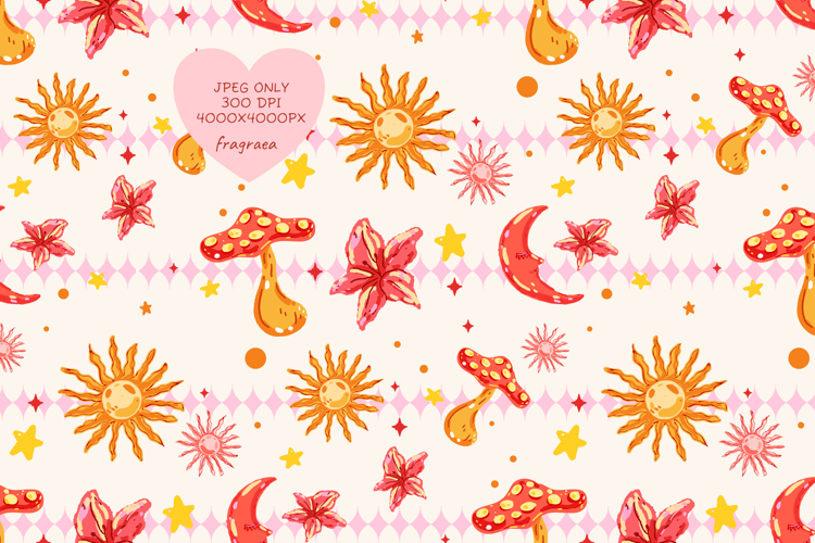 Boho Celestial Sun Moon Mushroom Seamless Pattern