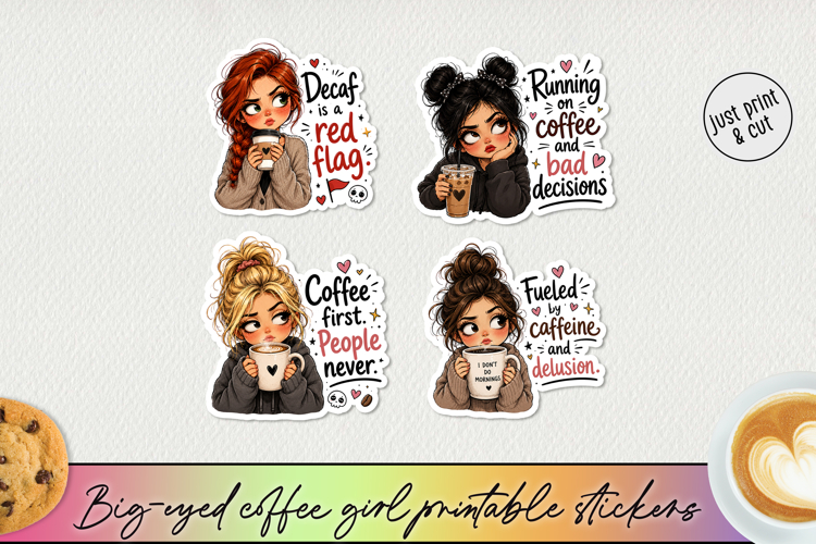 Funny Big-Eyed Coffee Girl Stickers PNG