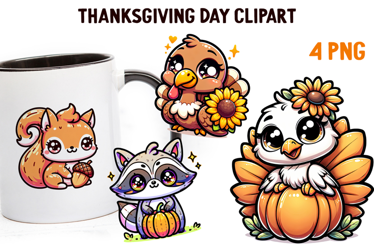 Cute Kawaii Thanksgiving Clipart | Fall Pumpkin Turkey PNG