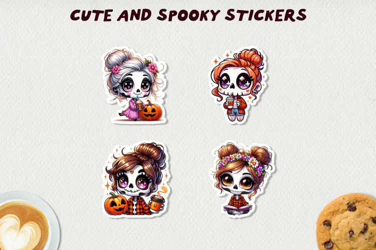 Spooky Skeleton Girls Stickers Halloween Clipart Kawaii Fall