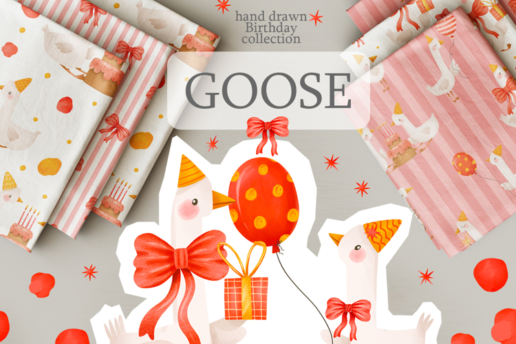 Cute Hand Drawn Birthday Goose Clipart & Pattern