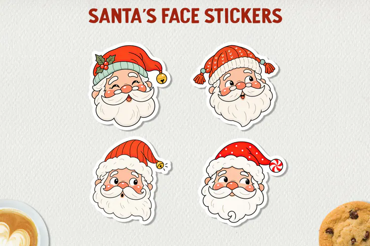 Santa Face Stickers, Cute Christmas Santa Stickers.
