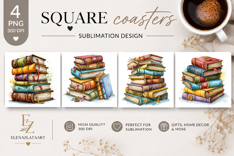 Vintage Books Square Coaster PNG | Antique Book Stack