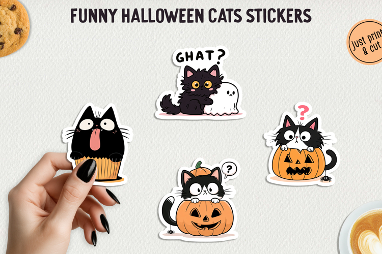 Funny Halloween Cat Sticker PNG Printable Stickers.