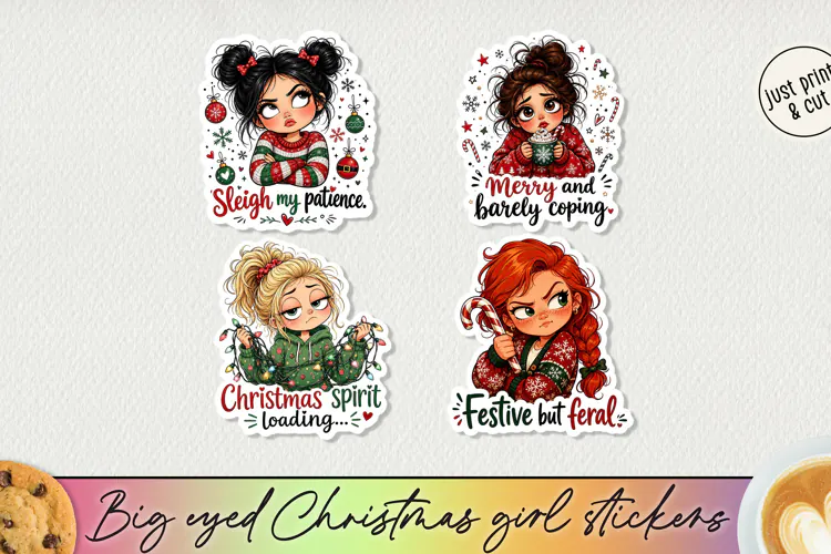 Big Eyed Christmas Girl Stickers PNG, Funny Holiday Girl