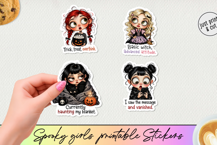 Spooky Girl Printable Stickers 4 Halloween PNGs.