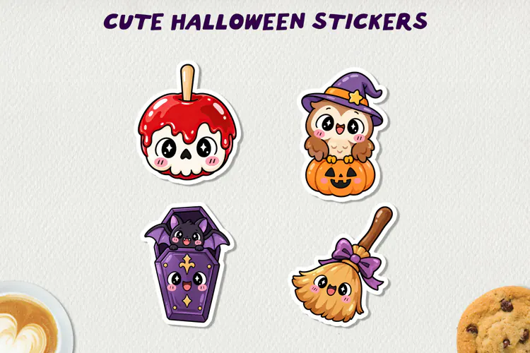 Cute Halloween Printable Stickers, Kawaii Spooky PNG.