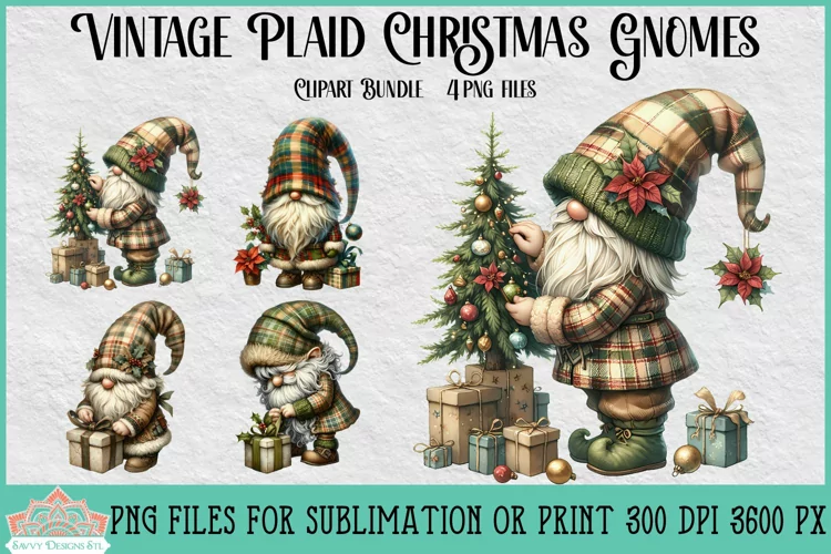 Vintage Plaid Christmas Gnomes | Christmas Clipart