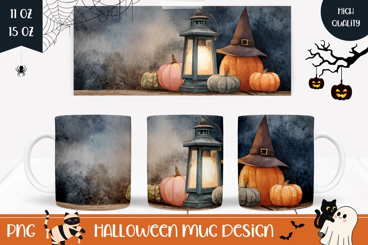 Watercolor Halloween Mug Wrap, Halloween Pumpkins Mug Design