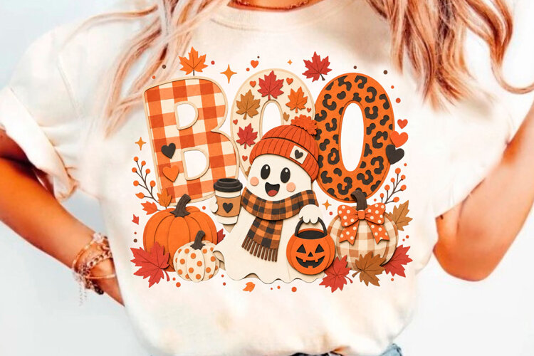 Cozy Fall Boo Ghost Pumpkin T-Shirt Design example image 1