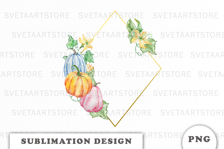 Watercolor Autumn Pumpkins Gold Frame png