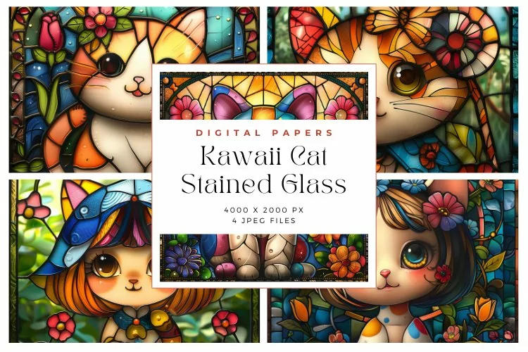 Kawaii Cat Stained Glass Background