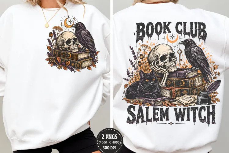 Book Club Salem Witch Front Back PNG, Gothic Reader Chest Ba