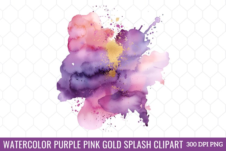 Watercolor Purple Pink Gold Splash Clipart example image 1