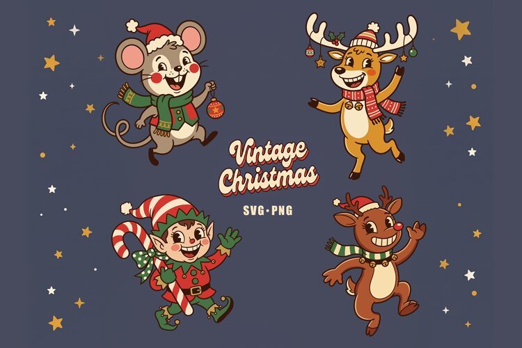 Vintage Christmas SVG PNG, Retro Cartoon Elf Reindeer Mouse example image 1
