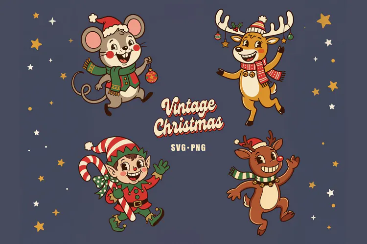 Vintage Christmas SVG PNG, Retro Cartoon Elf Reindeer Mouse