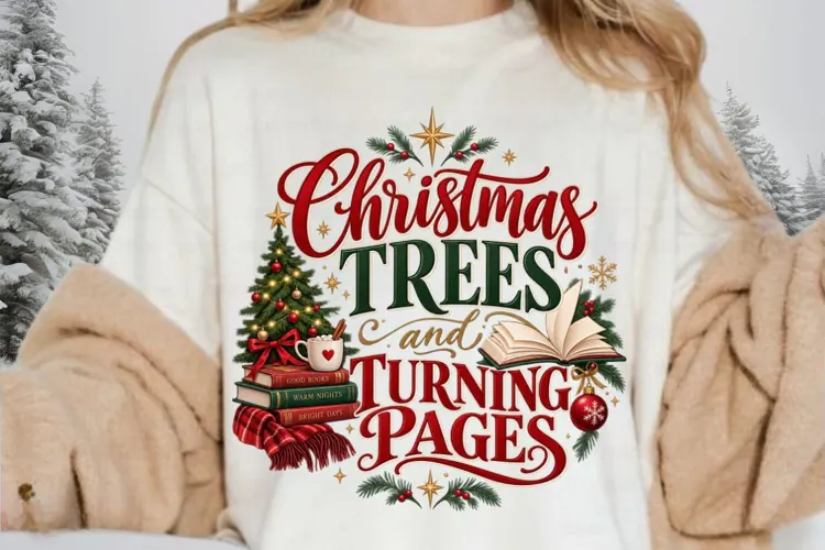 Christmas Trees and Turning Pages PNG, Book Lover Christmas