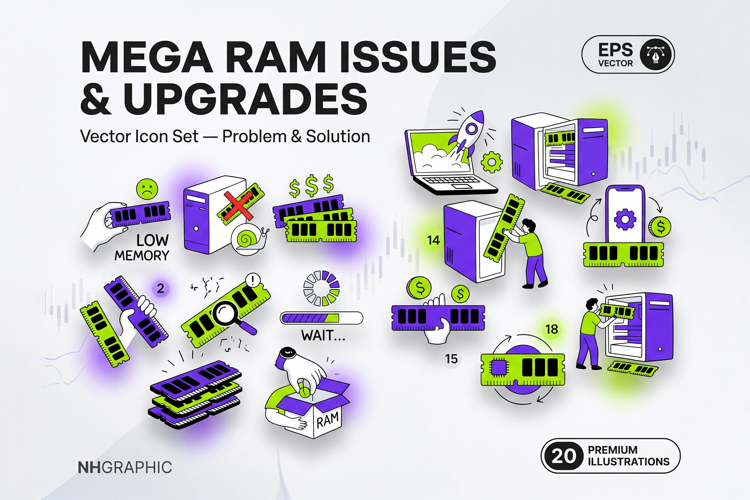 RAM Memory Issues Upgrade Vector Icon Bundle EPS set example image 1