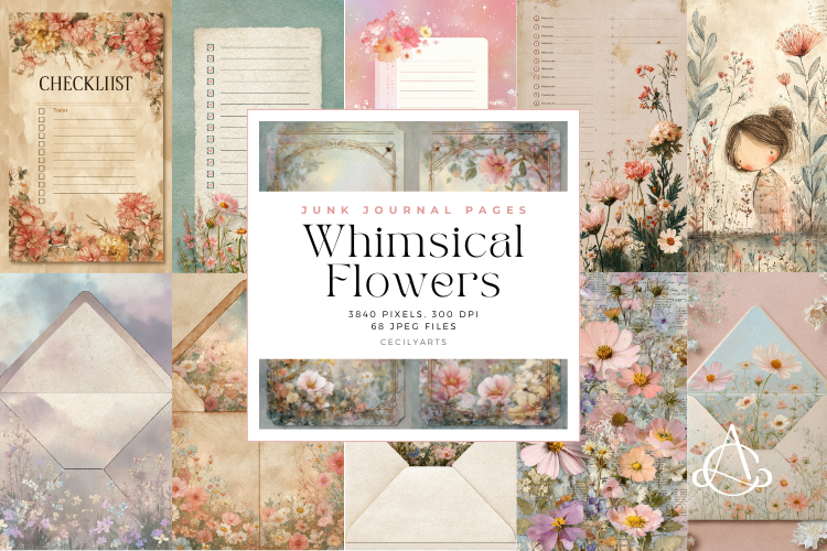 Whimsical Flowers Junk Journal Pages Bundle