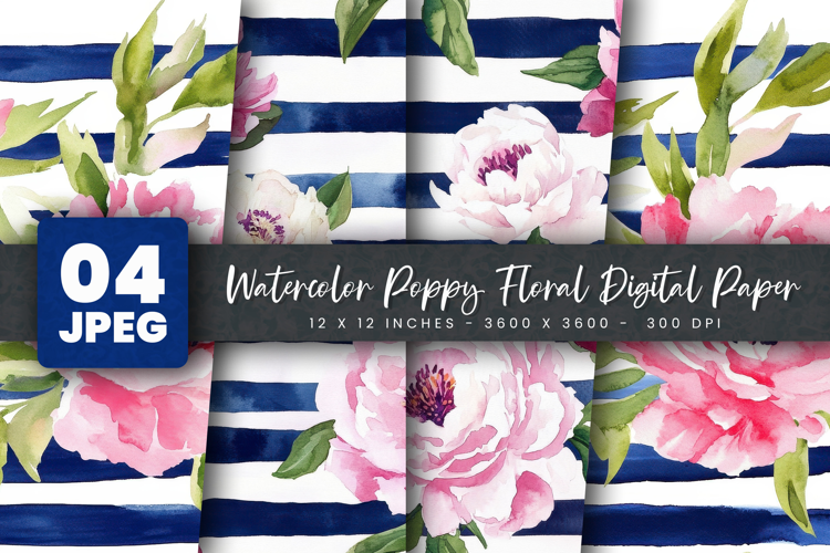 Watercolor Poppy Floral Digital Paper