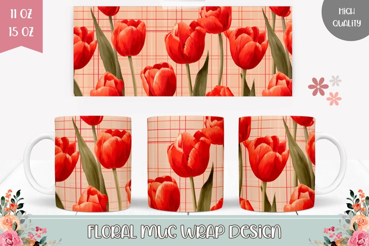 Red Tulips Mug Wrap, Floral Mug, Flowers Mug Template