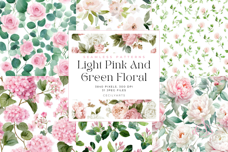 Light Pink And Green Floral Seamless Pattern Bundle