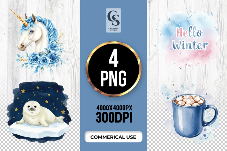 Winter Unicorn & Seal Clipart Sublimation PNG example image 1