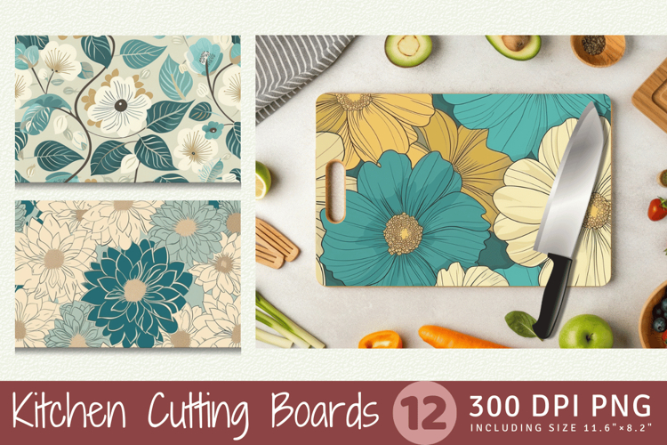 Teal & Beige Flowers Cutting Boards sublimation Design