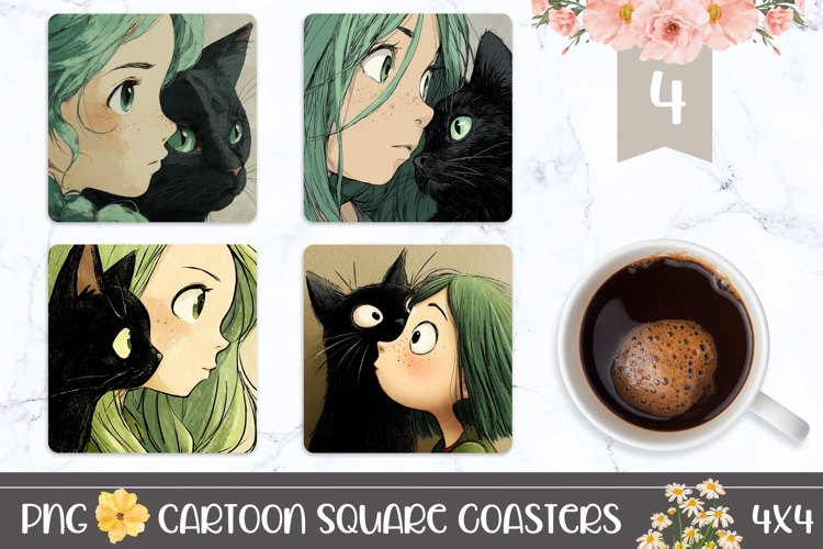 Cartoon Cat Square Coasters, Black Cat Coaster Designs