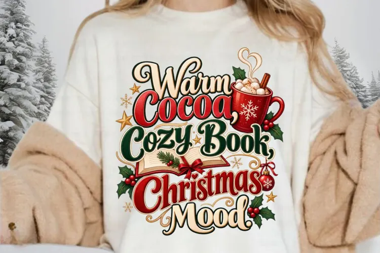 Warm Cocoa Cozy Book Christmas PNG, Book Lover Sublimation