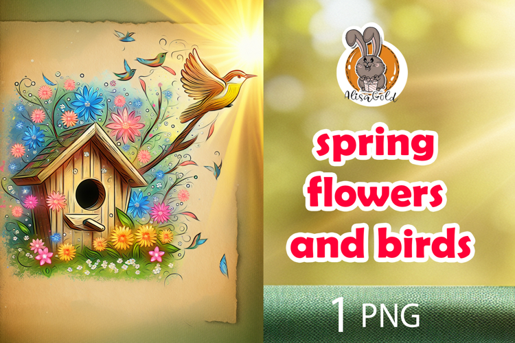spring flowers, bird, birdhouse