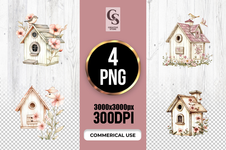 Watercolor Floral Birdhouse Cottage Garden Clipart PNG