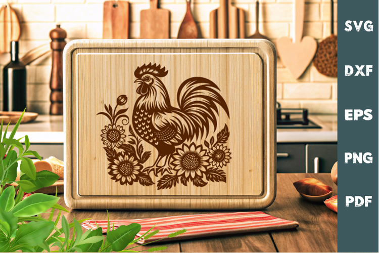 Rooster laser SVG PNG| Floral Chicken Cutting Board